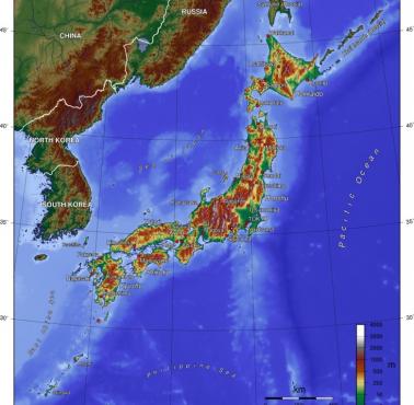 Topograficzna mapa Japonii i Półwyspu Koreańskiego
