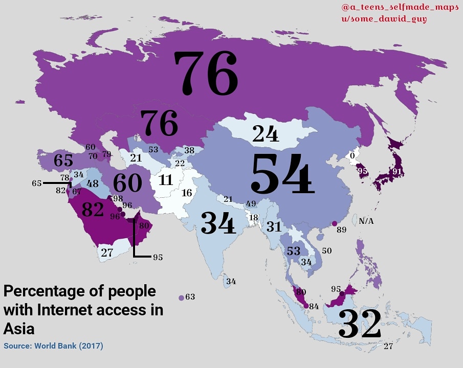 Odsetek ludności z dostępem do Internetu w Azji, 2017