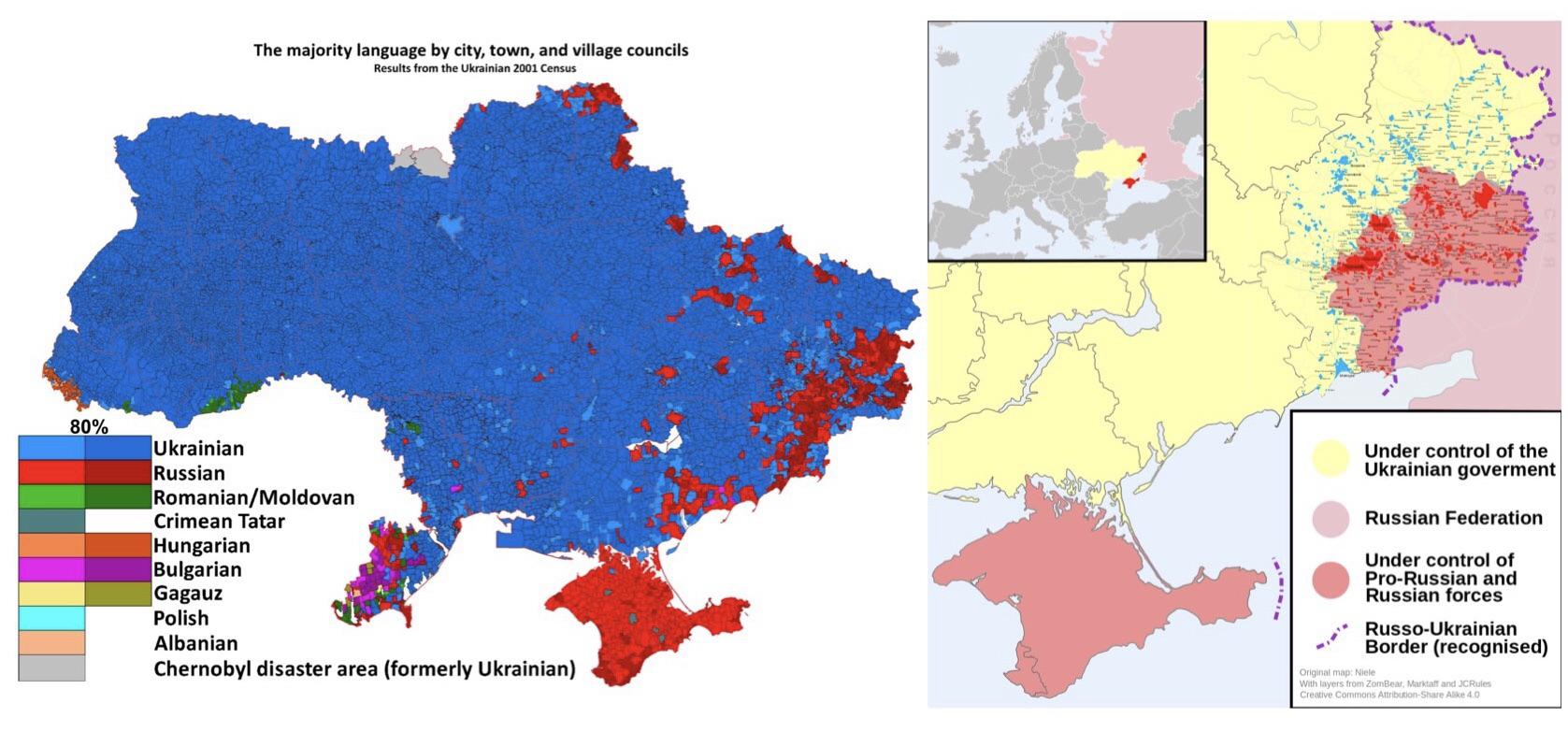 Dominujący język na Ukrainie wg.spisu ludności z 2001 r., tereny okupowane przez Rosję, 2019