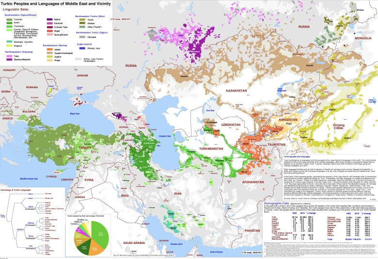 Mapa występowania języków tureckich (rodziny językowe) na świecie