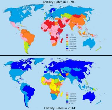 Mapa współczynnika płodności (dzieci na kobietę), 1970 - 2014