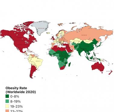 Współczynnik otyłości na świecie, 2020