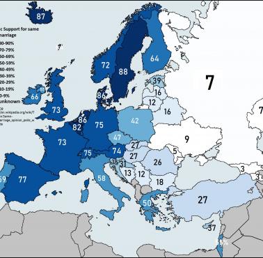 Poparcie dla wprowadzenia małżeństw jednopłciowych w poszczególnych krajach Europy i Izrael