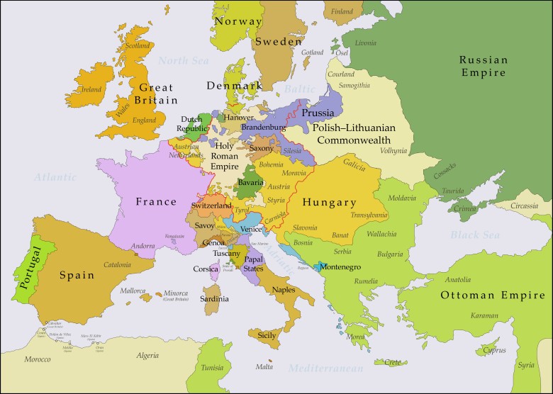 Mapa Europy w roku śmierci Fryderyka Wielkiego w 1786 roku