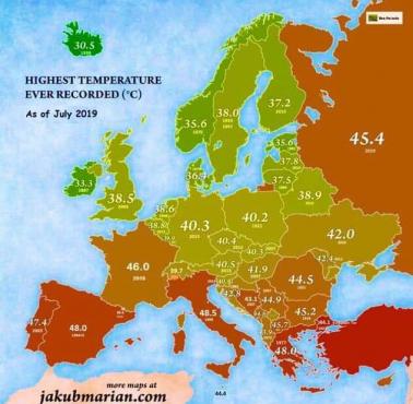 Najwyższe temperatury w Europie, lipiec 2019