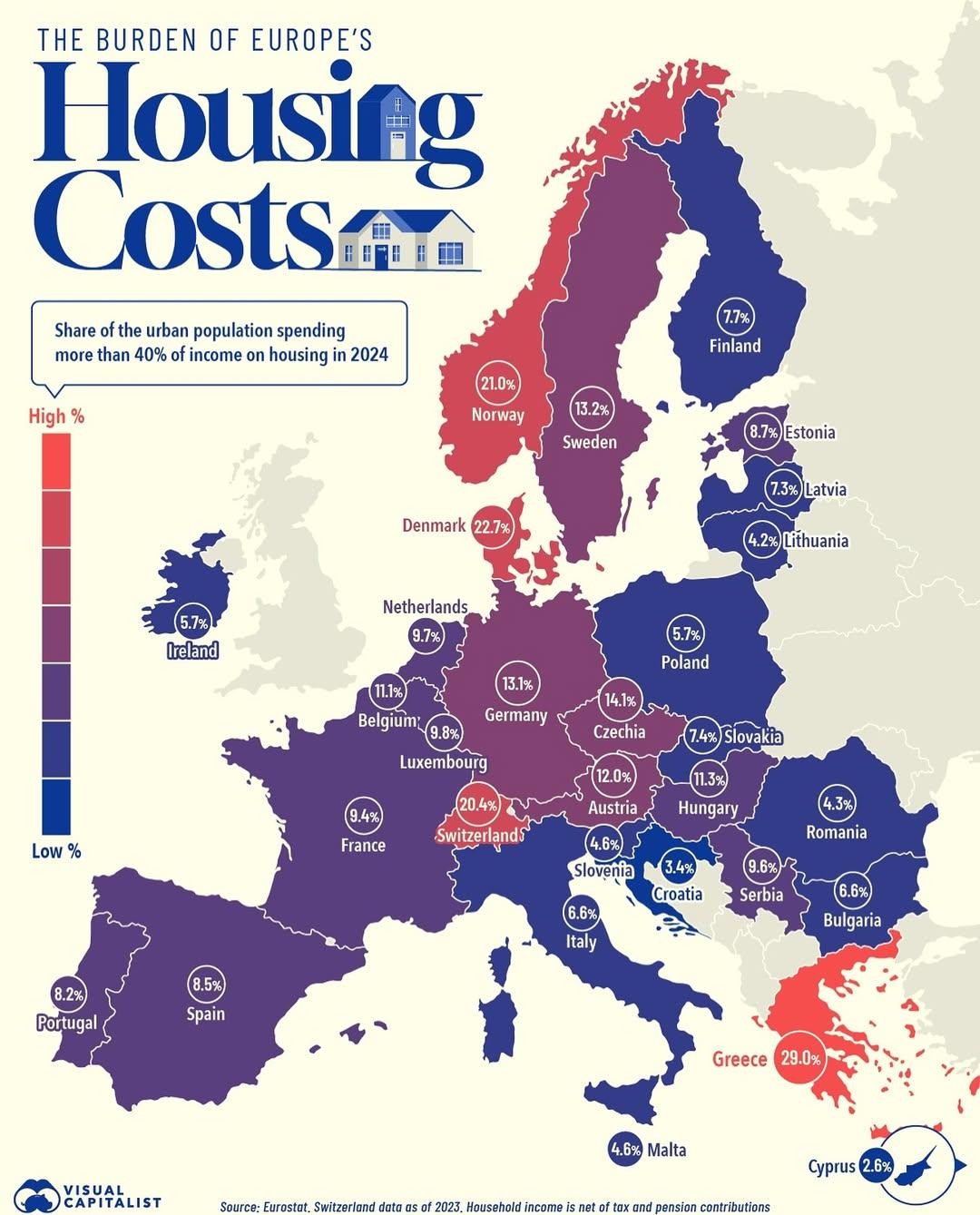 Odsetek ludności miejskiej wydającej ponad 40 proc.dochodów na mieszkanie, 2024 r.