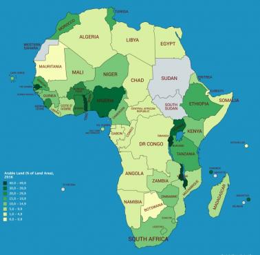 Grunty orne (% powierzchni lądowej) w Afryce, 2016
