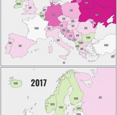 Proporcja mężczyzn do kobiet (liczba mężczyzn na każde 100 kobiet w wieku 25-49 lat), Europa w 1950 i 2017 roku