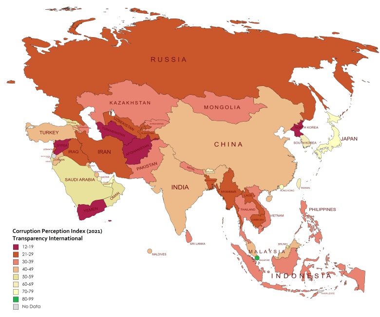 Wskaźnik postrzegania korupcji (Corruption Perceptions Index) w Azji, 2021