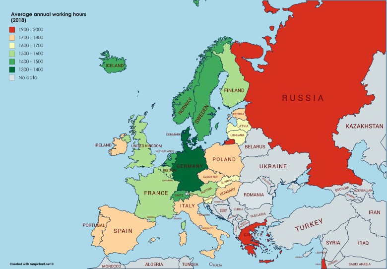 Średni roczny czas pracy w krajach europejskich w 2018 roku