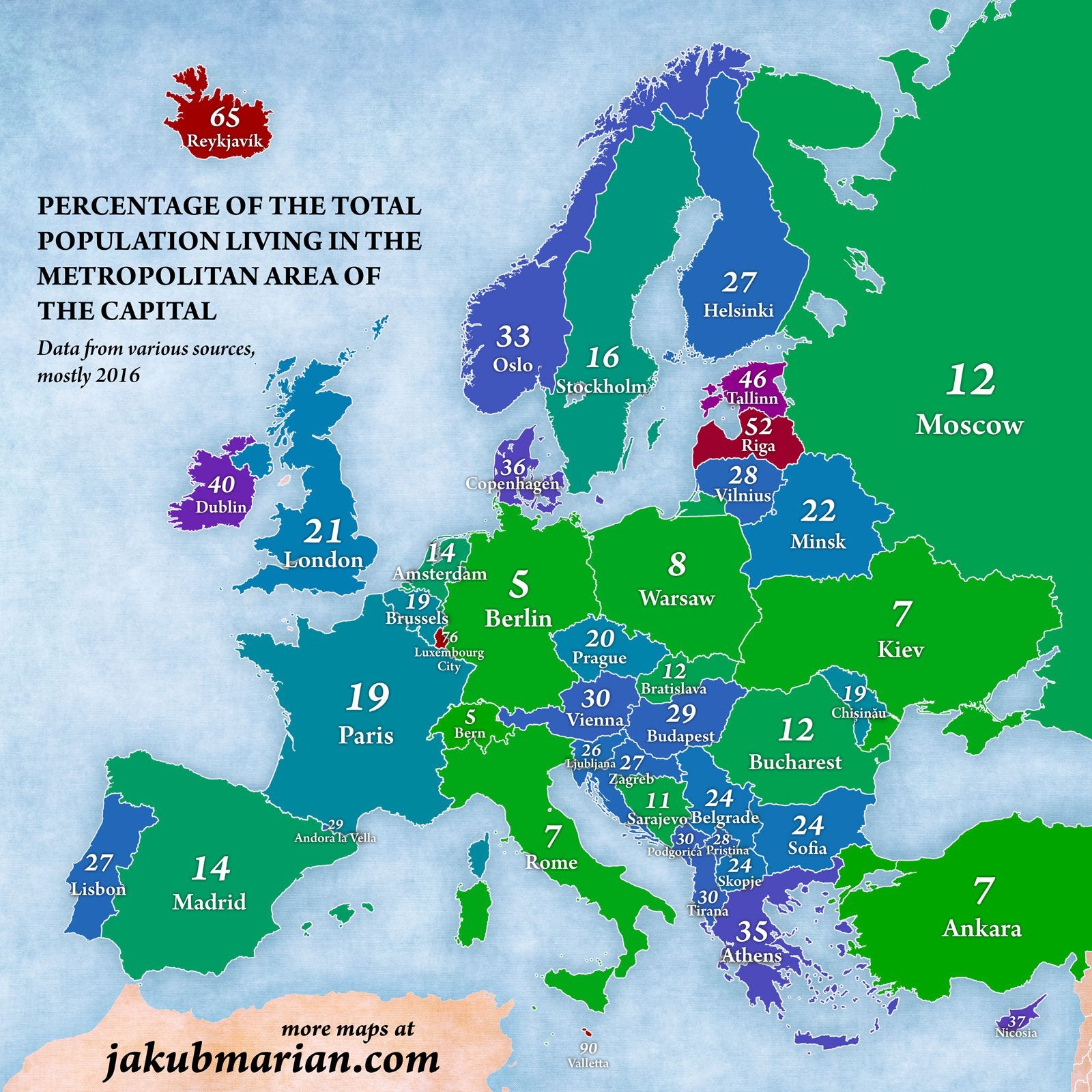 Odsetek ludności w krajach europejskich, która mieszka w obszarze metropolitalnym stolicy, 2016