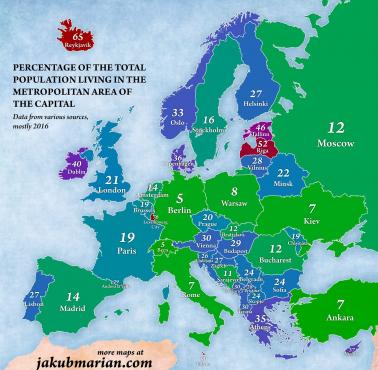 Odsetek ludności w krajach europejskich, która mieszka w obszarze metropolitalnym stolicy, 2016