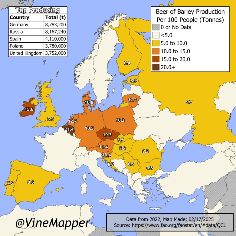 Produkcja piwa z jęczmienia w Europie na 100 osób, 2022
