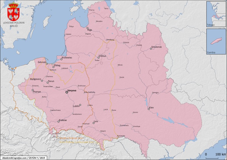 Rzeczpospolita Obojga Narodów na tle obecnych granic