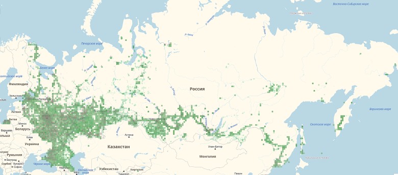 Mapa zasięgu telefonii komórkowej w Rosji