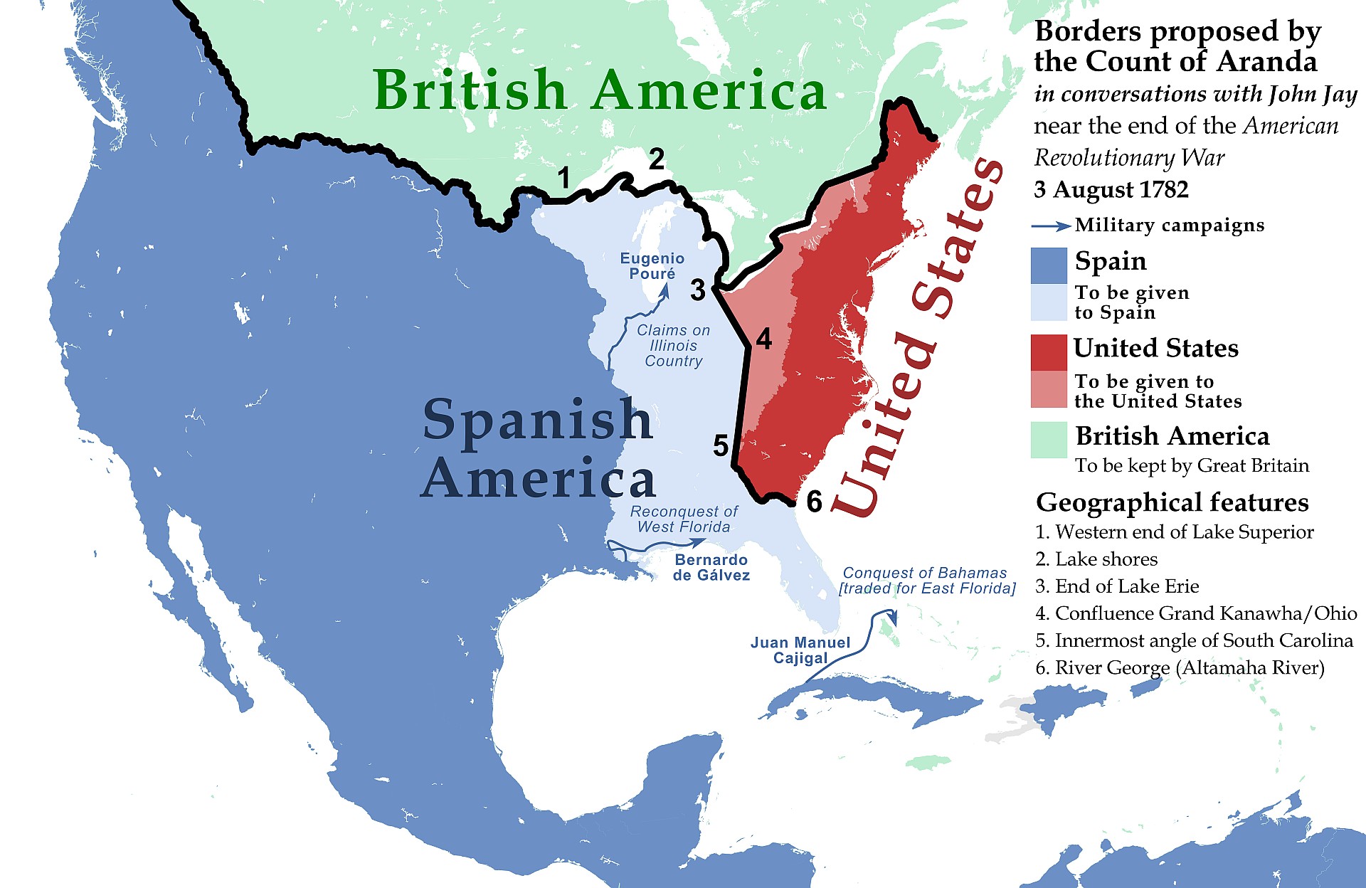 Hiszpania, Wielka Brytania i USA w 1782 roku. Propozycja granic hrabiego Pedro de Aranda