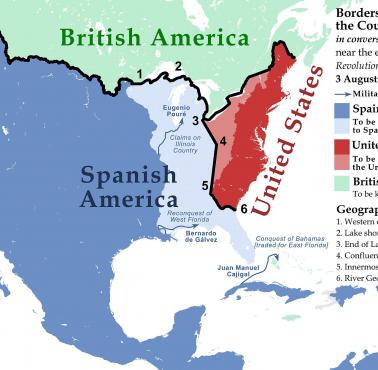 Hiszpania, Wielka Brytania i USA w 1782 roku. Propozycja granic hrabiego Pedro de Aranda