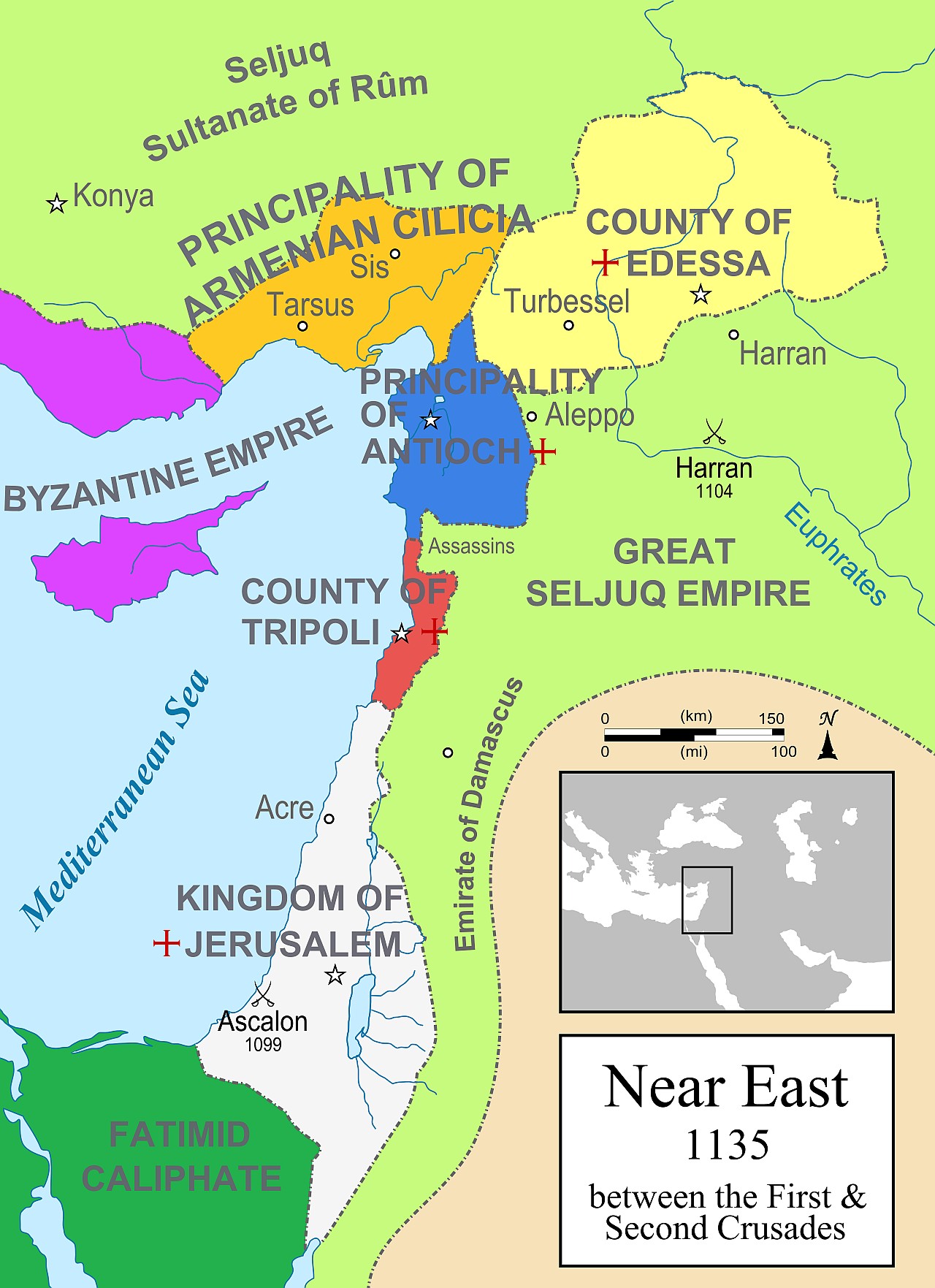 Mapa Ziemi Świętej po Pierwszej Krucjacie, 1135 r n.e.