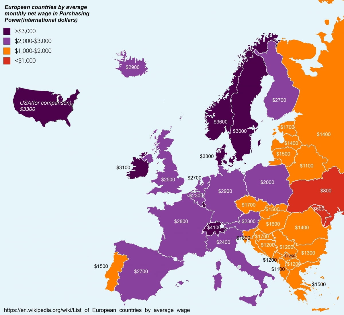 Kraje europejskie według średniego miesięcznego wynagrodzenia netto w PPP