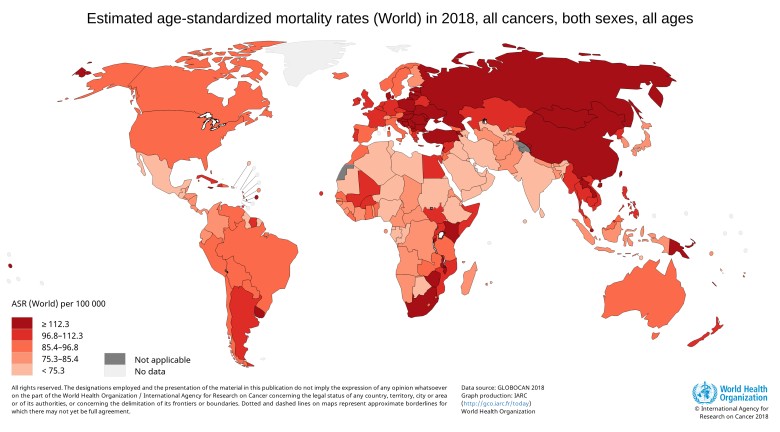 Globalne wskaźniki umieralności na raka, 2018