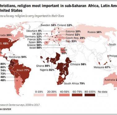 Odsetek chrześcijan, którzy uważają, że religia jest bardzo ważna w ich życiu