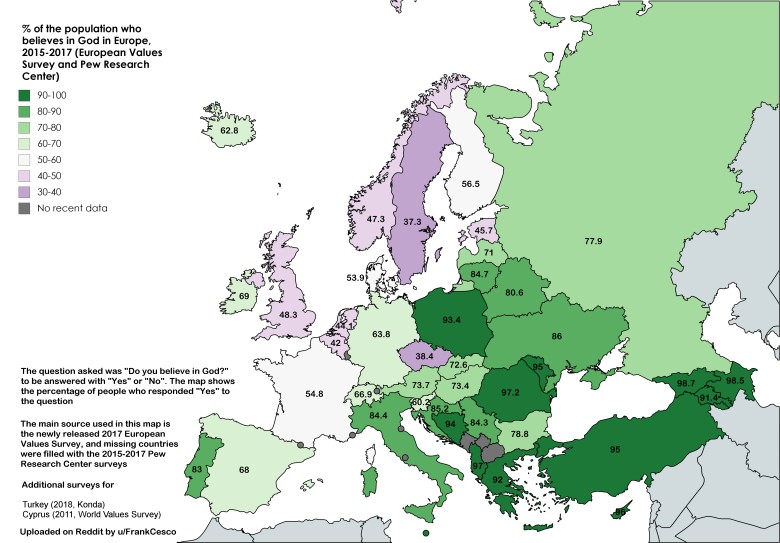 Odsetek ludności wierzącej w Boga w Europie, 2015-2017