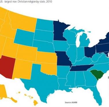 Największa religia niechrześcijańska według stanu w USA, 2010