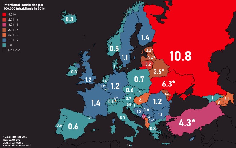 Umyślne zabójstwa na 100 tys. mieszkańców w 2016 roku w Europie i okolicy
