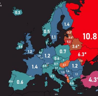 Umyślne zabójstwa na 100 tys. mieszkańców w 2016 roku w Europie i okolicy