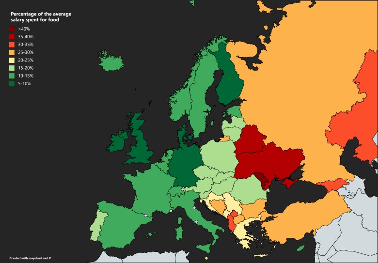 Procent średniej pensji wydanej na jedzenie w Europie