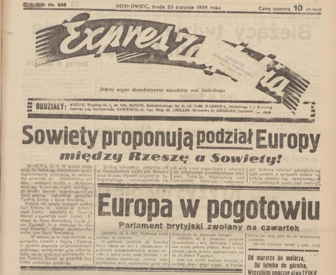 Expres Zagłębia z 23 VIII 1939 roku o spotkaniu Ribbentropa z Mołotowem