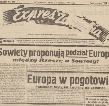 "Expres Zagłębia" z 23 VIII 1939 roku o spotkaniu Ribbentropa z Mołotowem