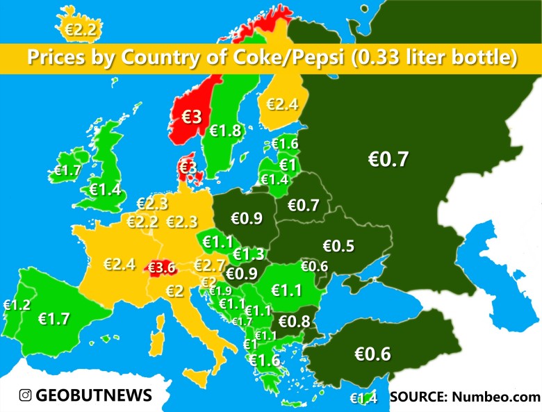 Ceny w Europie butelki 0,33 litrowej coli i pepsi