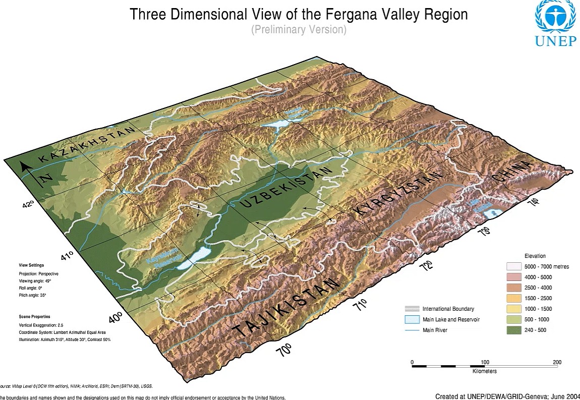 Reliefowa mapa Azji Środkowej (Kirgistan, Tadżykistan, Uzbekistan)