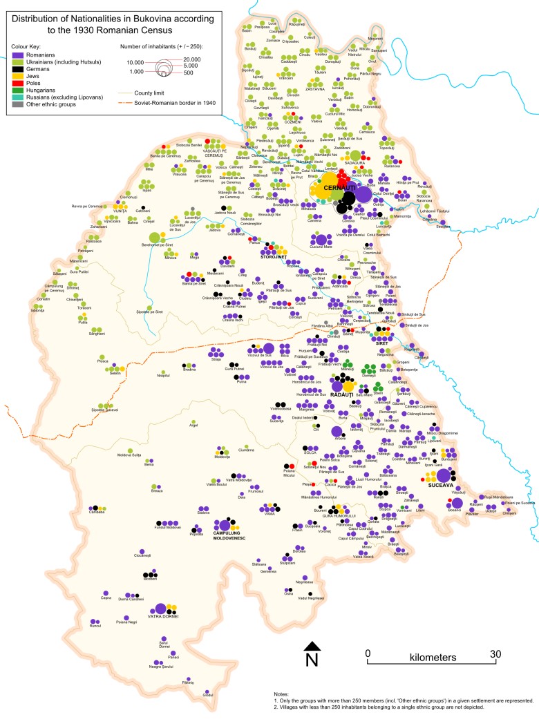 Mapa ludnościowa Bukowiny (wówczas rumuńskiej prowincji, obecnie podzielonej między Rumunię i Ukrainę) w 1930 roku