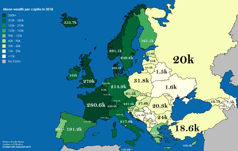 Średnie bogactwo na mieszkańca w 2018 roku w Europie