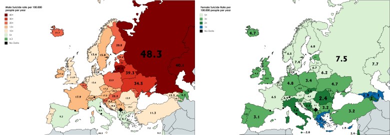 Wskaźniki samobójstw mężczyzn i kobiet na świecie, 2016