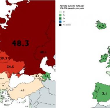 Wskaźniki samobójstw mężczyzn i kobiet na świecie, 2016