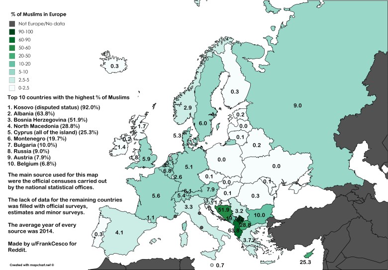 Odsetek ludności muzułmańskiej w Europie, 2014
