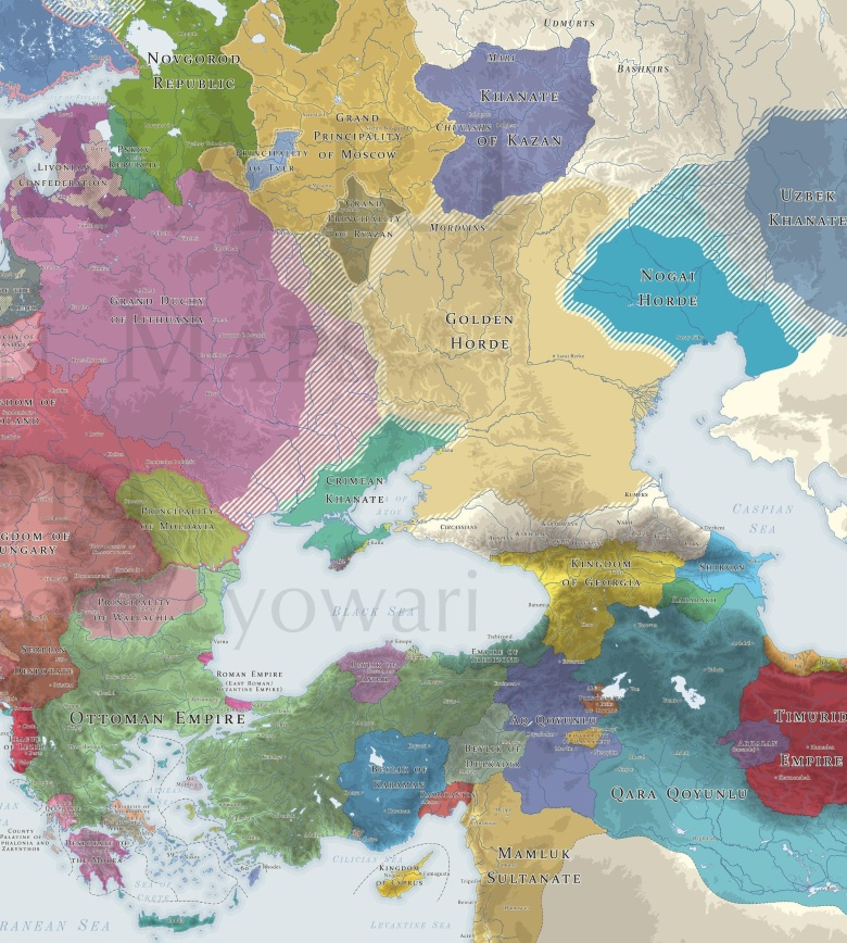 Mapa Bliskiego Wschodu, Europy Środkowej, Imperium Osmańskiego, państw tureckich ok. 1444 roku
