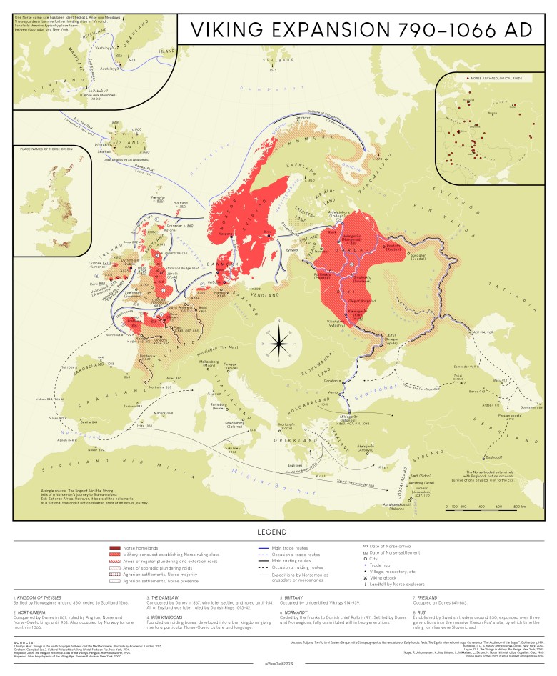 Mapa najazdów Wikingów w Europie od 790 do 1066 roku