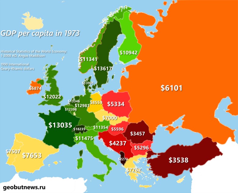 PKB na mieszkańca w Europie w 1973 roku