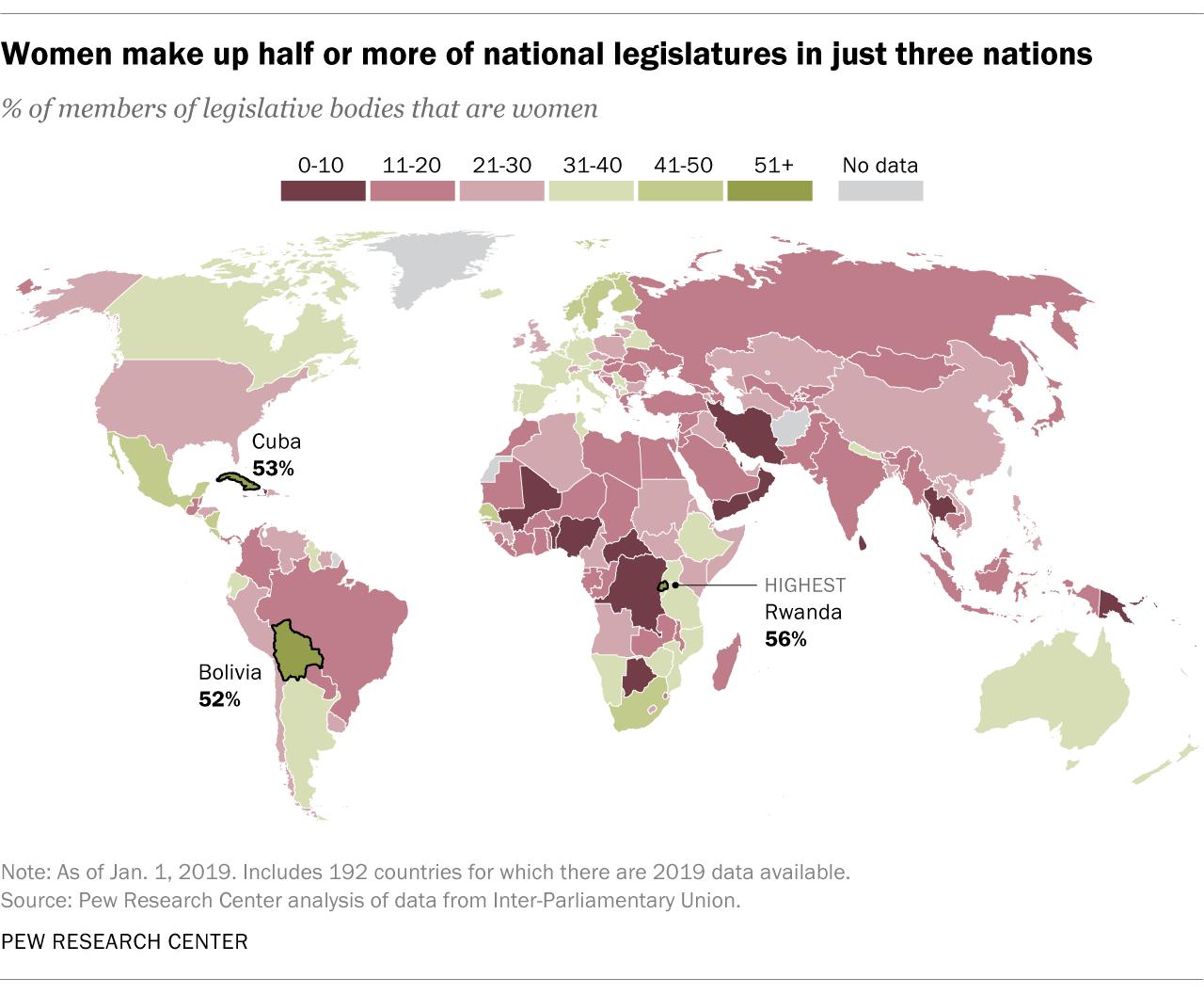 Udział kobiet w parlamentach narodowych na całym świecie, 2019