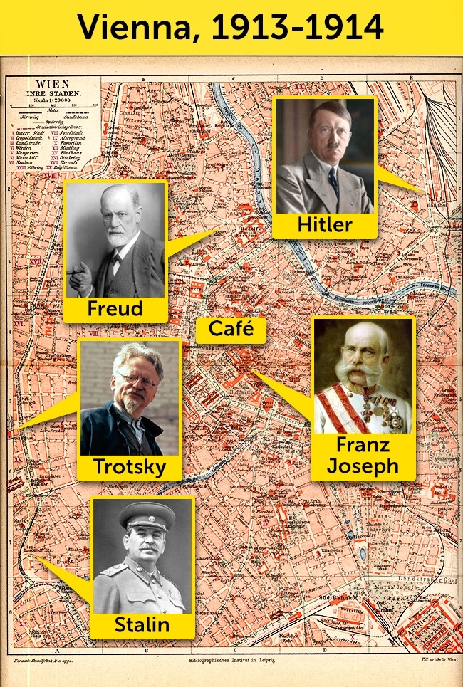 Mapa Wiednia 1913–1914 pokazująca, gdzie przebywał Hitler, Stalin, Trocki, Freud