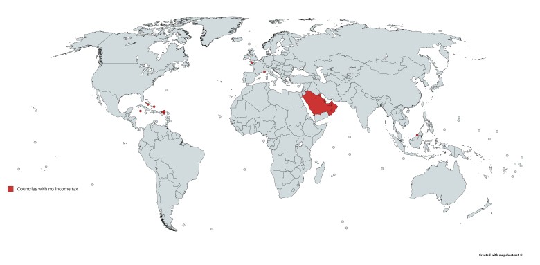 Kraje bez podatku dochodowego, 2019