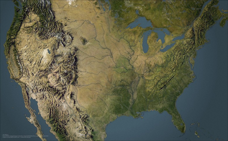 Reliefowa mapa USA z 1965 roku połączona ze zdjęciami NASA Johna Nelsona