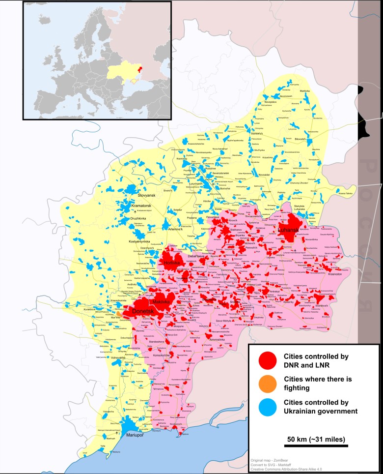 Terytorium Ukrainy kontrolowane przez separatystów i rosyjskie siły zbrojne