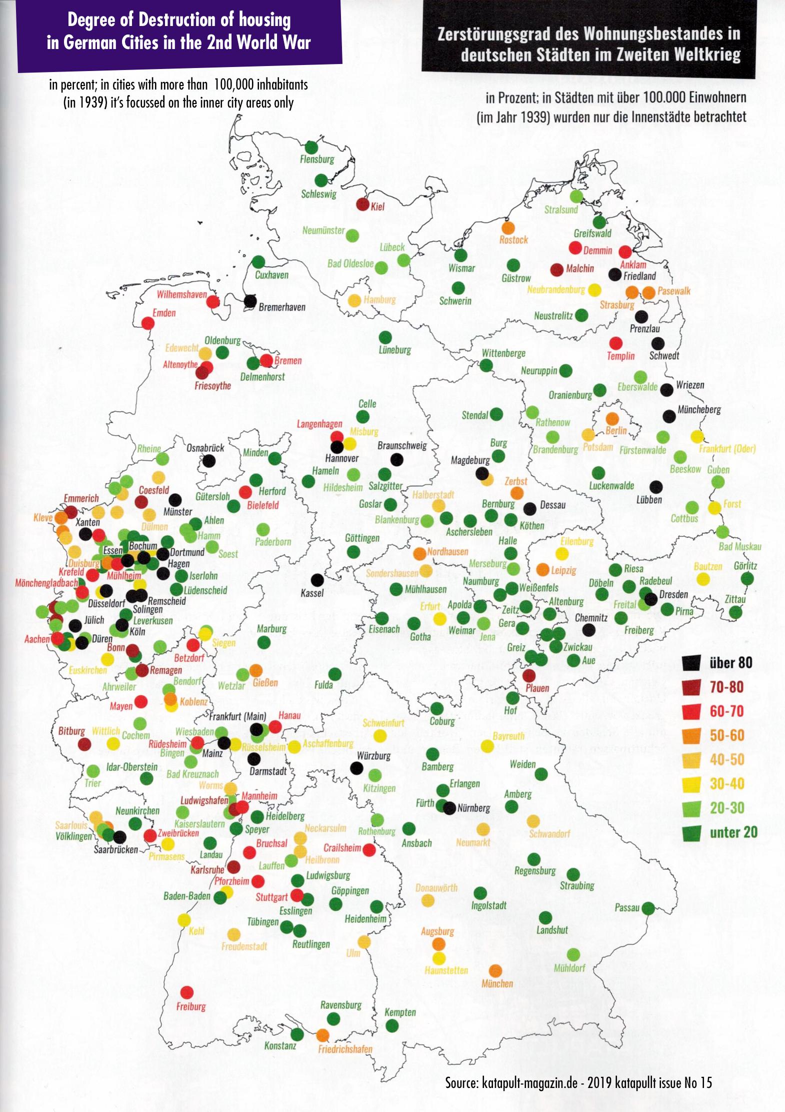 Stopień zniszczenia największych niemieckich miast w wyniku II wojny światowej (w proc.)