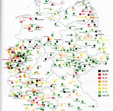 Stopień zniszczenia największych niemieckich miast w wyniku II wojny światowej (w proc.)