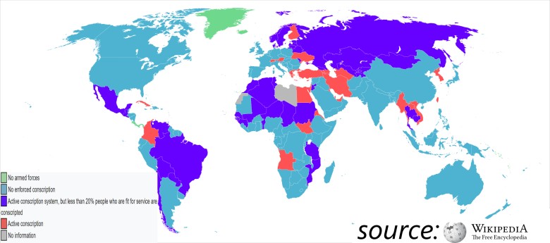 Pobór do wojska według kraju, 2025, źródło wikipedia